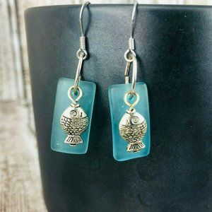 Blue Sea Beach Glass Dangle Earrings Fish Handmade